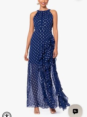 "KARINA" LONG CHIFFON FOIL RUFFLE TIE NECK DRESS